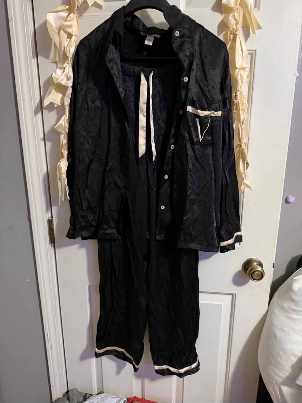 PINK Victoria's Secret Black Satin Pajama Set with Cream Trim